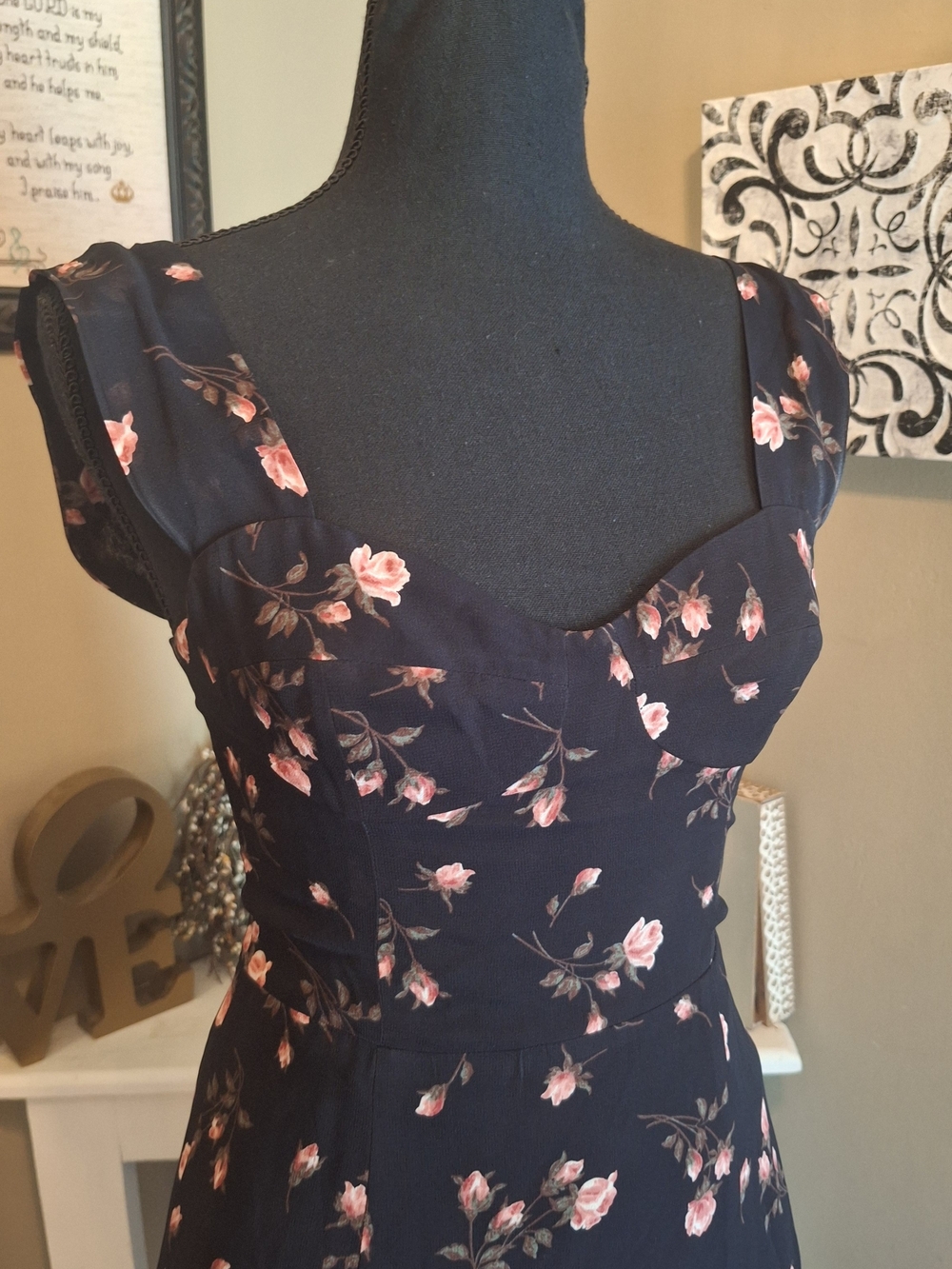 Reformation Fulton Black Dress with Pink Rose Print High Slit Sz 2